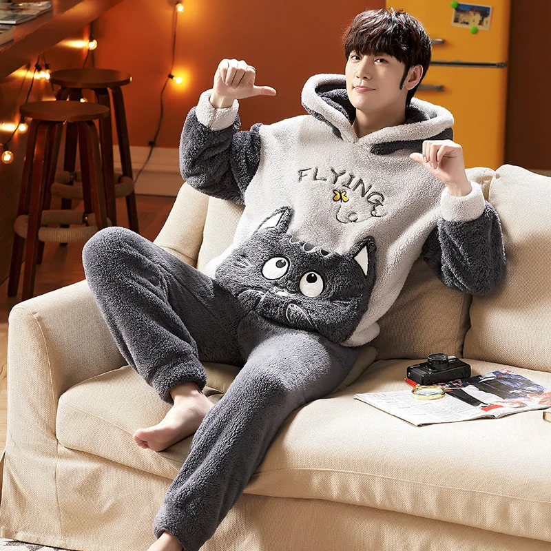 Пижама Мужская Фланелевая с длинным рукавом теплый пижамный комплект карманами