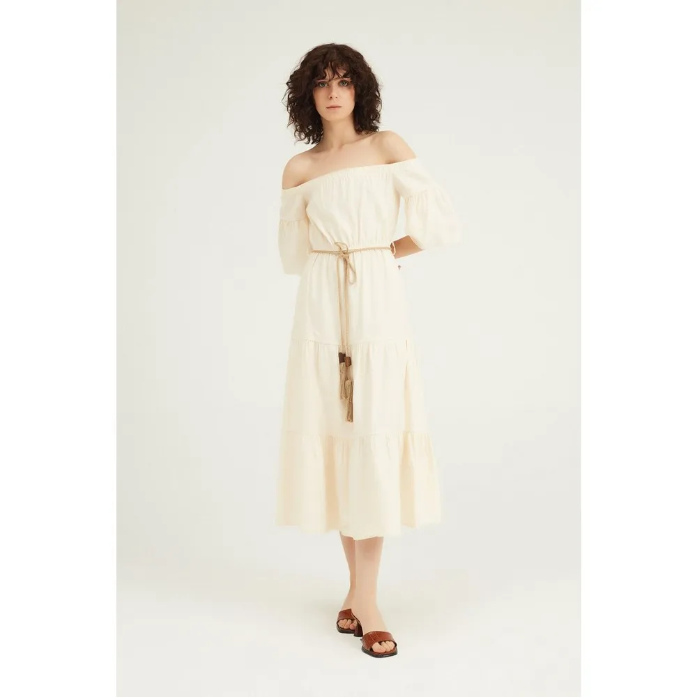 

Low Shoulder Flounces Dress Bone Women Summer Dress Casual Long Prom Midi Maxi