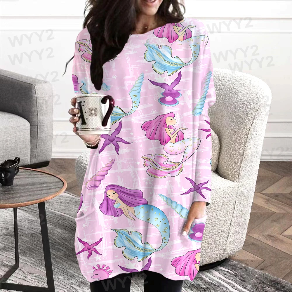 2022 New Women's Mermaid Princess Flower Pattern Print Tops Fashion Summer Long-sleeved Fashion Casual 3d Print T-shirt