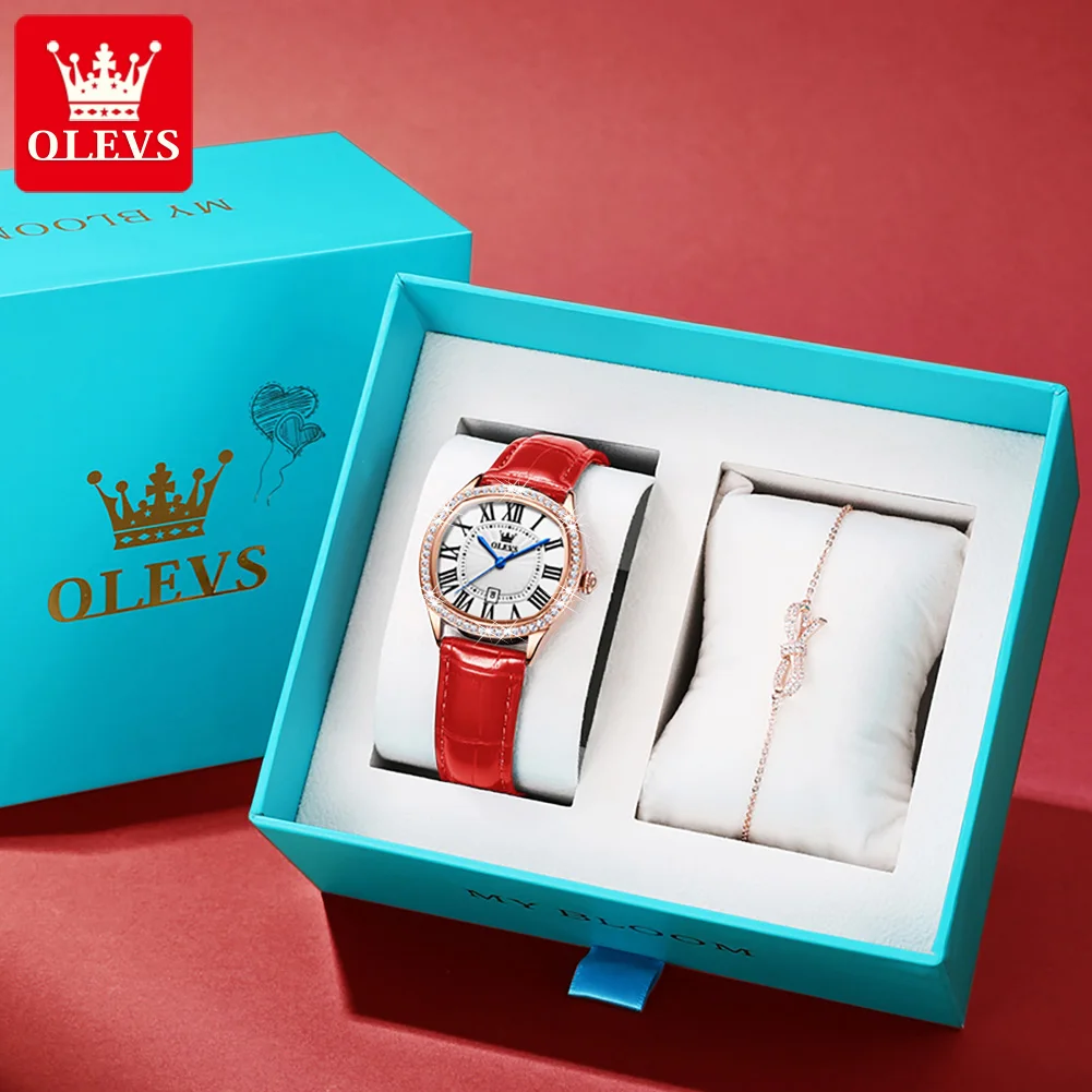 

OLEVS Classic Square Quartz Watches Bracelet Set Women's Luxury Red Leather Fashion Rhinestones Women Wrsitwatches Montre Femme