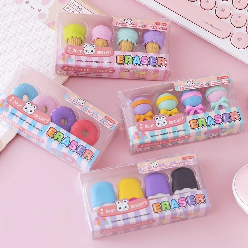 

4pcs/box Eraser Student Novelty Soft Stationery Reward Gift Office School Supplies Cute Ice Cream Dessert Funny Toy