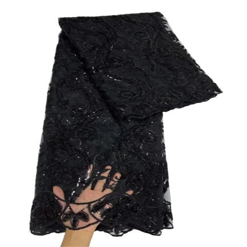 

Черная французская фототкань с вышивкой, 5 ярдов, африканская кружевная ткань для свадьбы, небесно-голубая