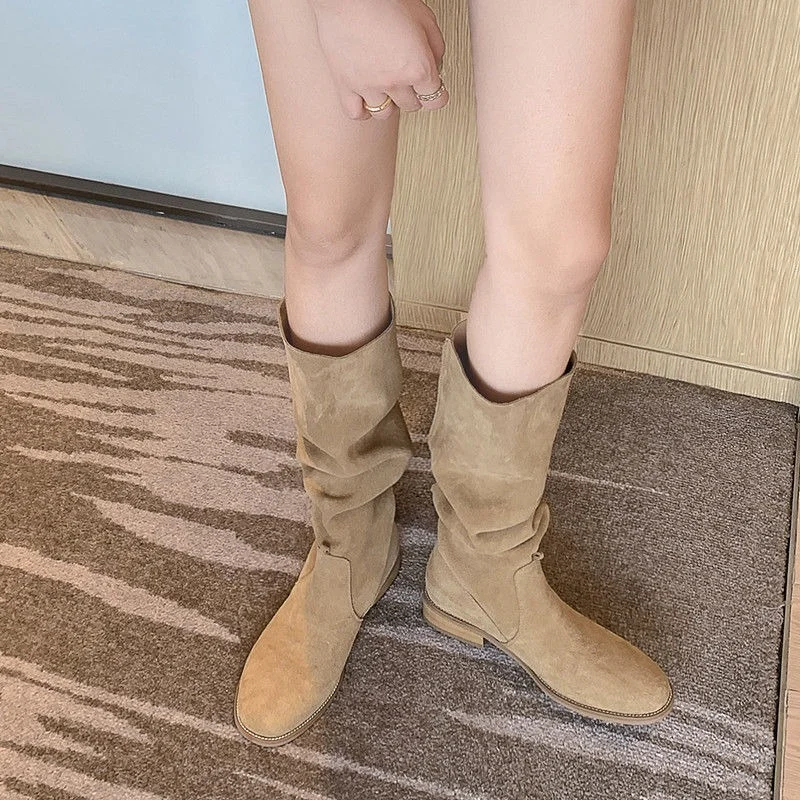Genuine Leather Retro Pile Boots Frosted Thin Medium Boots Women's 2022 Autumn New Suede High-top Knight Boots Women Boots