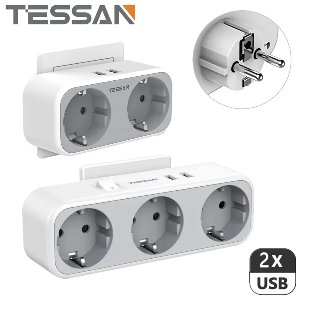 

TESSAN EU Plug Extension Power Strip Multiple Electrical Socket with 2/3 Outlets & 2 USB Ports EU Wall Charger Adapter for Home