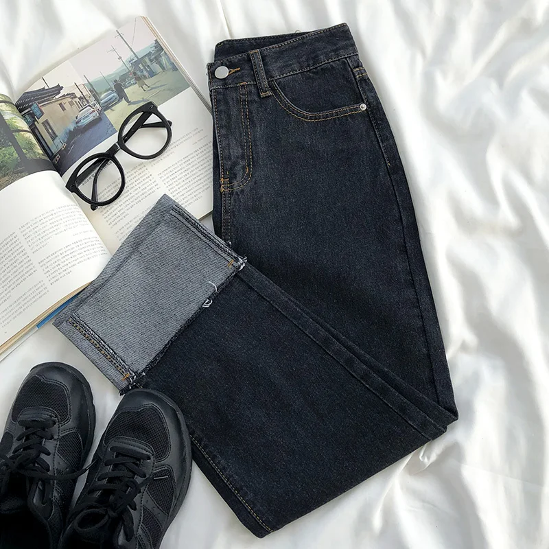 

High Waist Hem Color Blocking Classic Straight Slim Jeans Spring Women Jeans