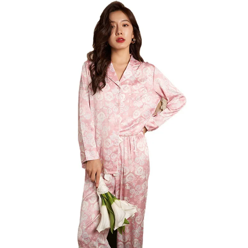 Women's Pajamas Summer Long-Sleeve Lapel Suit Ins Rose Printed Artificial Silk plus Size Homewear Women