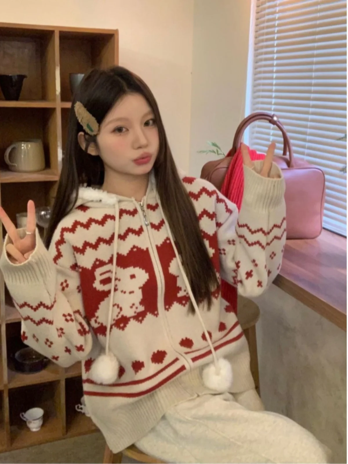 Атмосфера Рождественский свитер с кроликом Верхняя одежда Женская осень 2024