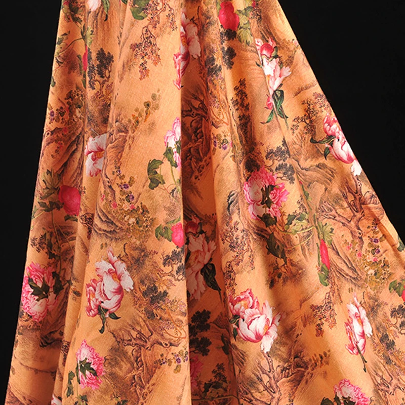 

130 см в ширину, 35 мм, китайская роспись, принт, оранжевая шелковая льняная ткань для лета, весны, куртка, платье, рубашка, одежда J210
