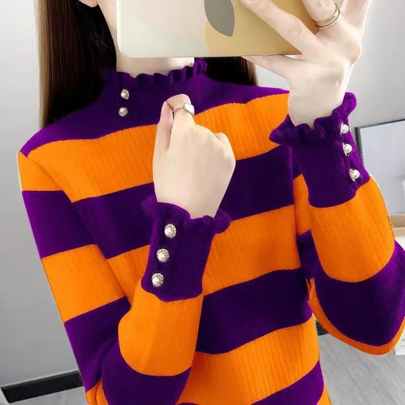 Полуводолазка с длинными рукавами женский осенний 2024 новый вязаный полосатый