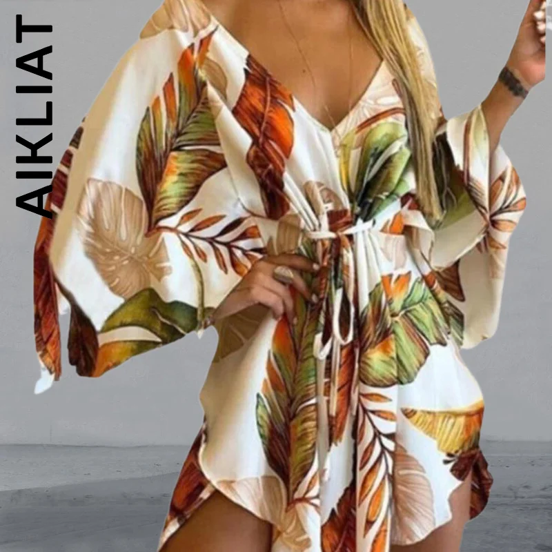 

Aikliat New Dress Women Holiday Streetwear V Neck Lace-up Loose Floral Print Sexy Mini Dress Woman Vestidos Female