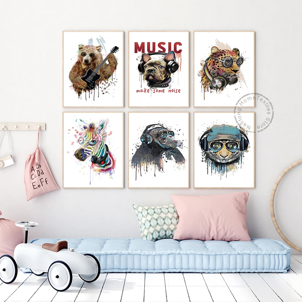 

Make Some Noise Posters Music Animal Canvas Painting Ape Bear Leopard Tiger Wall Art Pictures for Living Room Home Decor