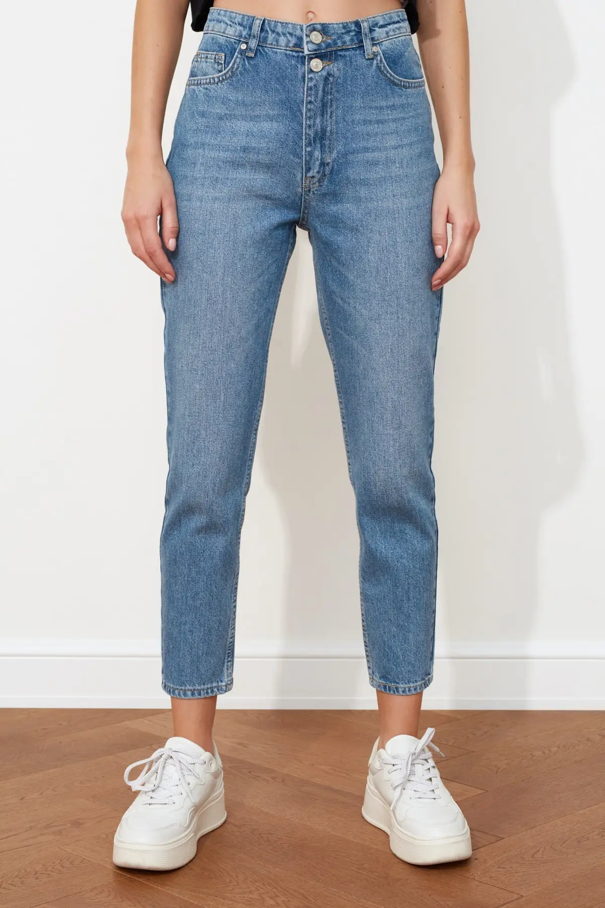 Blue Double-Button High WAIST Mom Jeans women casual denim pants elegant denim pants ladies Blue