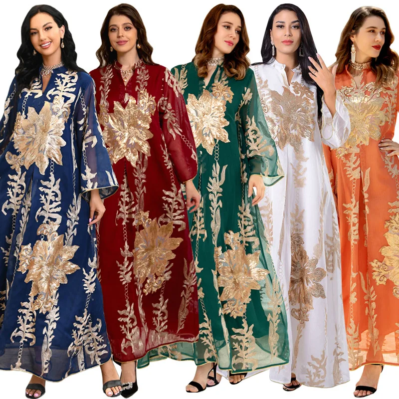 Elegant Floral Muslim Dress Women Printed Sundress Kaftan Turkey Abaya Hijab Vestidos Belted Female Robe Islam Clothing