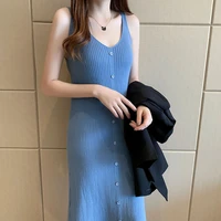 spaghetti strap midi dress women 2022 sping summer korean sleeveless sigle breasted a line elegant knit vest dresses blue