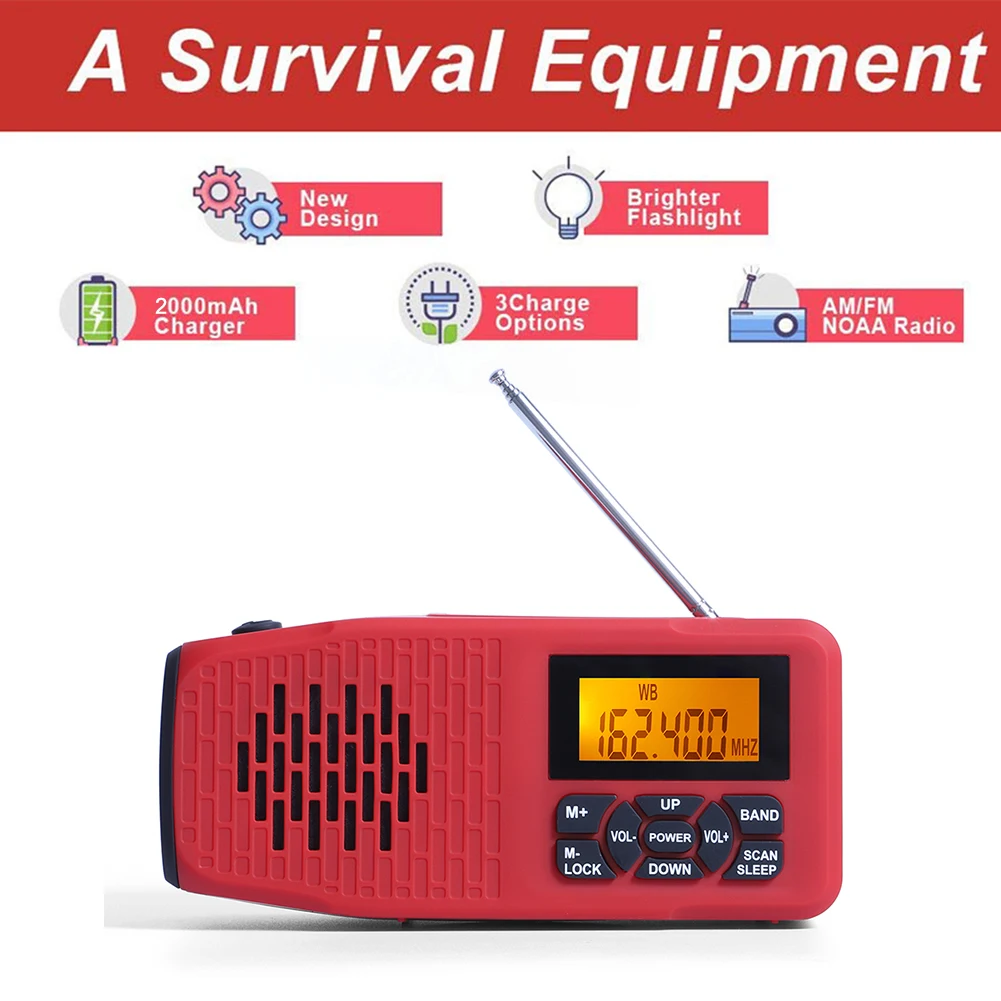 

2000mAh Multifunctional Hand radio Solar Crank Dynamo Powered FM/AM/WB/NOAA Weather Radio Use Emergency LED Flashlight and Power