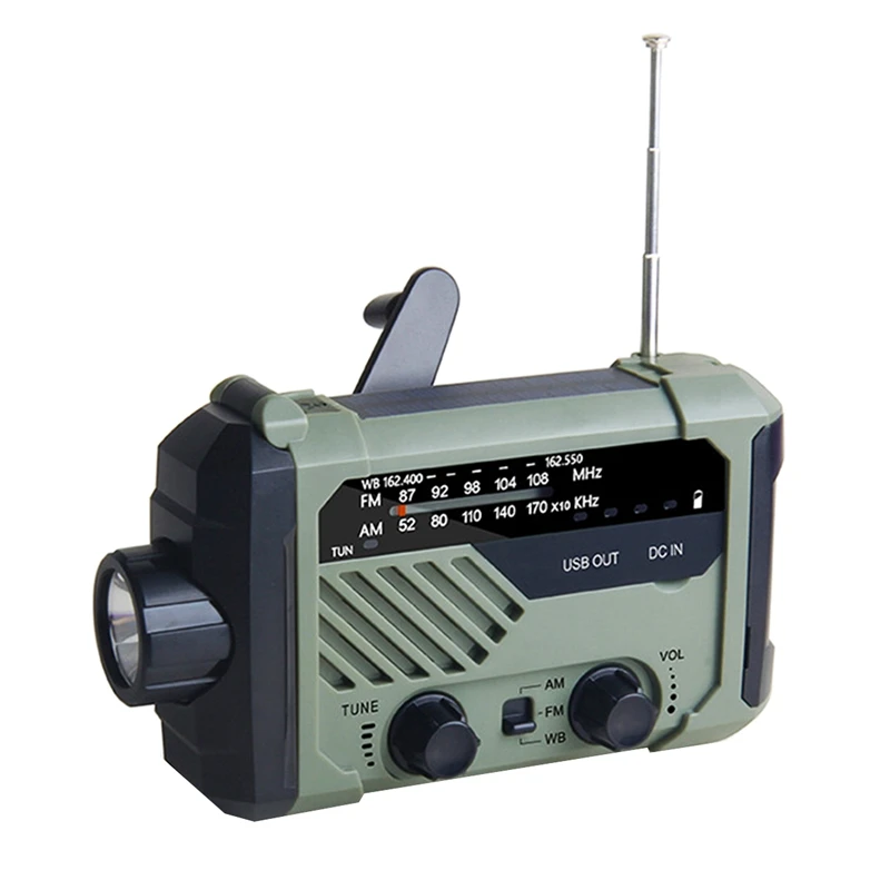 

2000 мАч аварийная погода радио с солнечной зарядкой, рукоятка и питание от батареи, портативное радио с фонариком