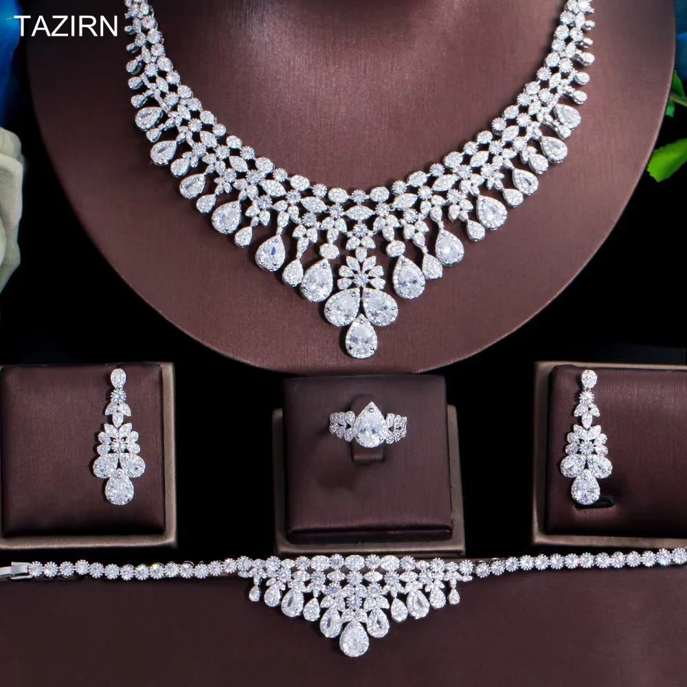 

New AAA CZ Zirconia Wedding Jewelry Set Dubai Nigeria Crystal 4pcs Bridal Necklace Earrings Bracelet and Ring Set for Women Gift