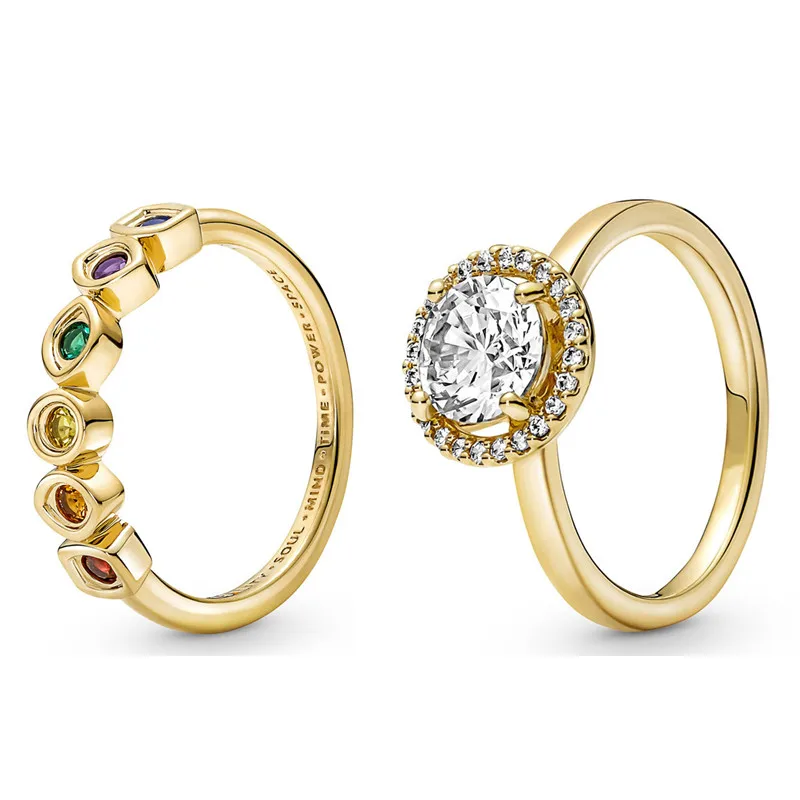 

Original Sparkling Gold Round Halo With Crystal Ring For Women 925 Sterling Silver Wedding Party Europe Fashion Jewelry