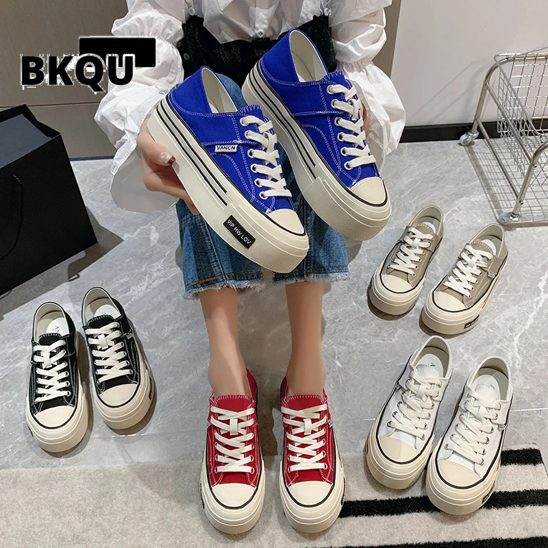 

BKQU 2022 New Women's Canvas Shoes Fashion Lace-Up Ladies Trainers Casual Sneakers Women High Heels Platform White Sneakers