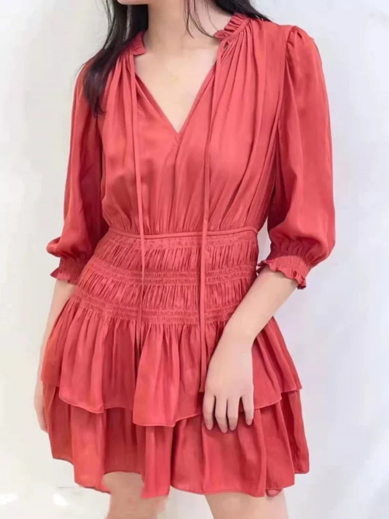 

Lace-up Bow Lantern Sleeve Dress 2022 Summer New Lotus Leaf Collar Waist Slim Slim Dress French High Quality Free Shipping