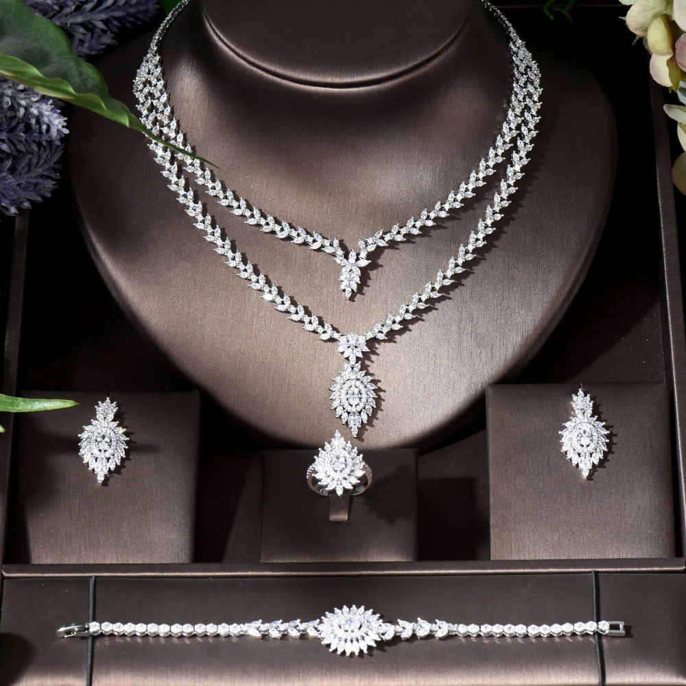 Fashion Exclusive 4PCS Bridal Nigerian Necklace and Earring for Women Party Luxury Dubai CZ Crystal Wedding Jewelry Sets N-1038