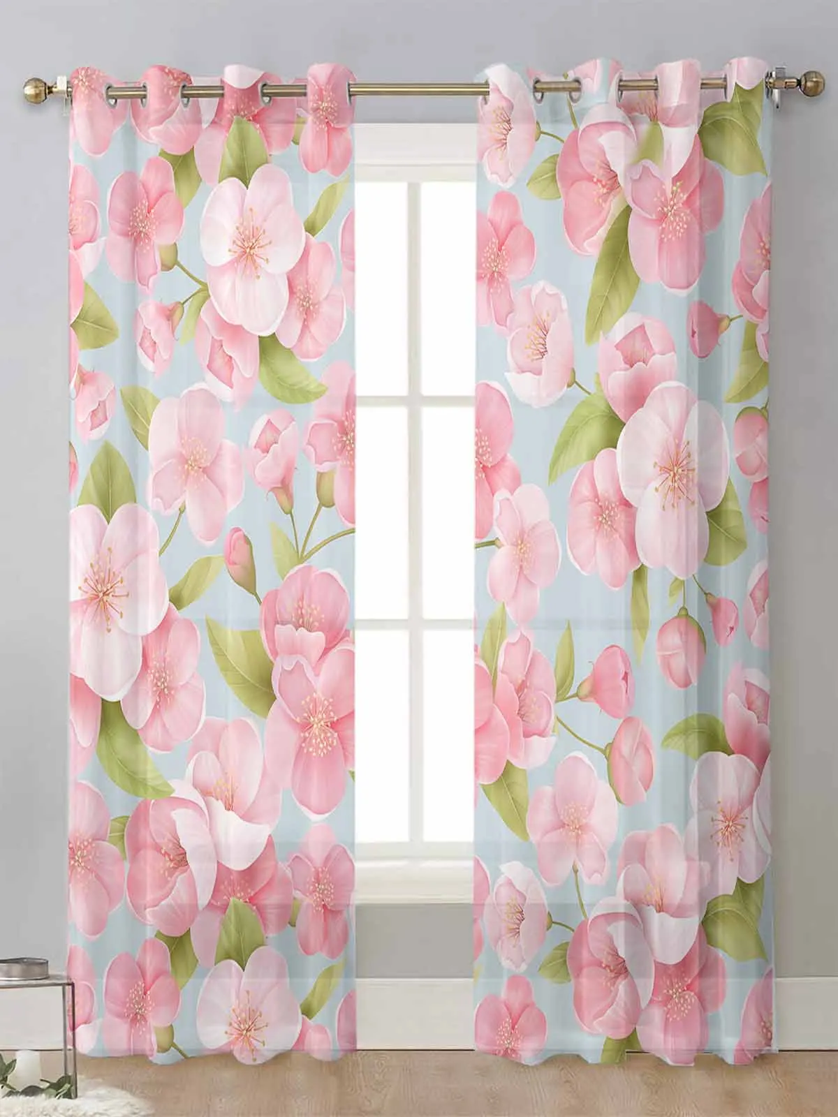 

Spring Peach Blossom Flower Sheer Curtains For Living Room Window Transparent Voile Tulle Curtain Cortinas Drapes Home Decor