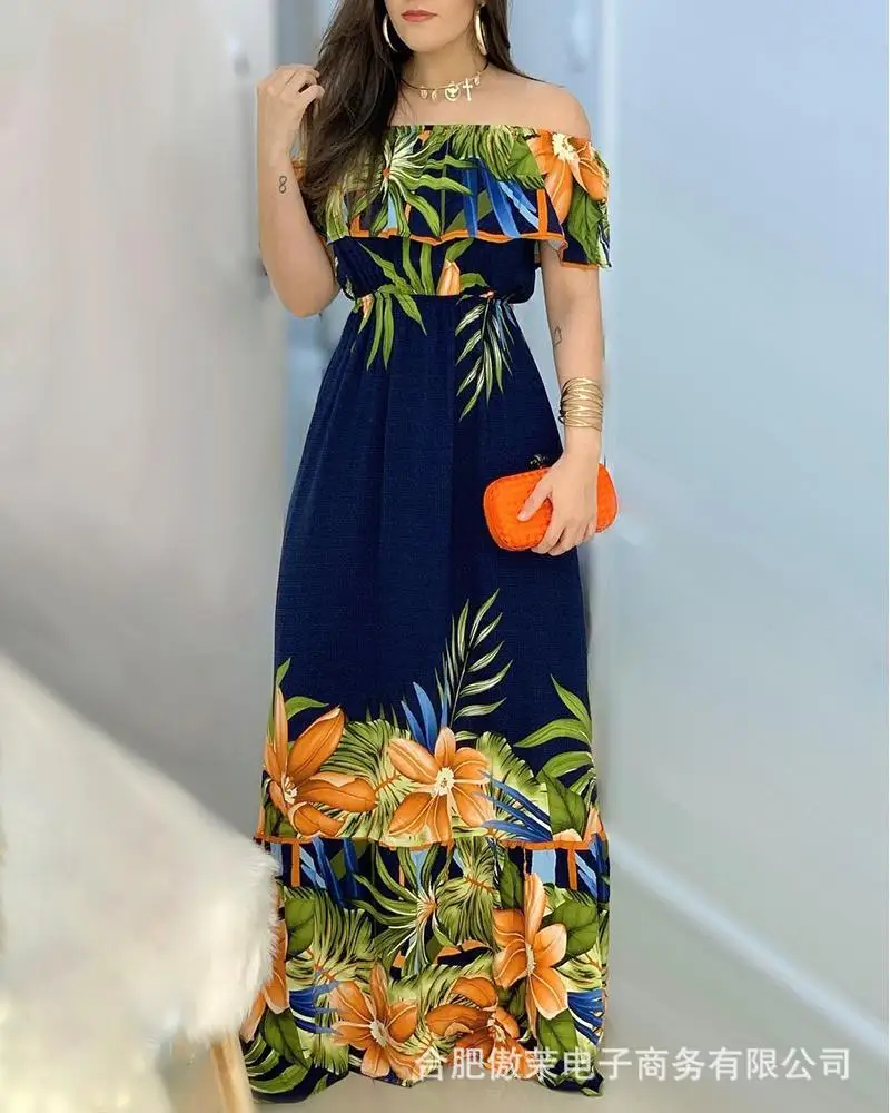 

2022 Summer New Casual Women's Long Sexy Plant Flower One-shoulder Waist Dress