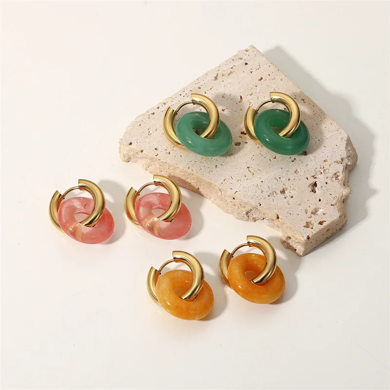 

Vintage Exquisite Colorful Natural Stone Hoop Earrings Stylish 14K Gold Plated Titanium Steel Women's Y2K Jewelry JDE202003