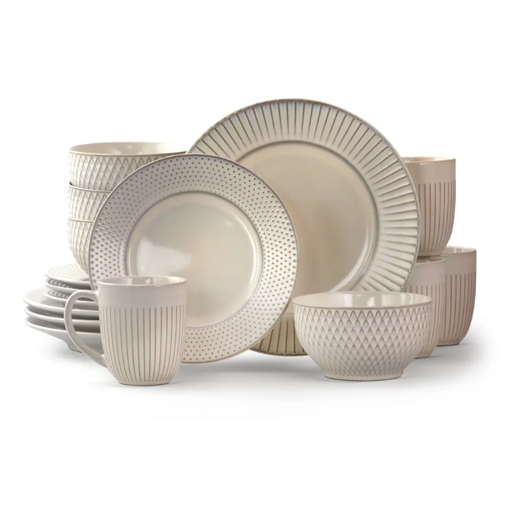 

16 Piece Round Stoneware Dinnerware Set in Embossed White Microwave and Dishwasher Safe Sturdy Embossed Assorted Pattern