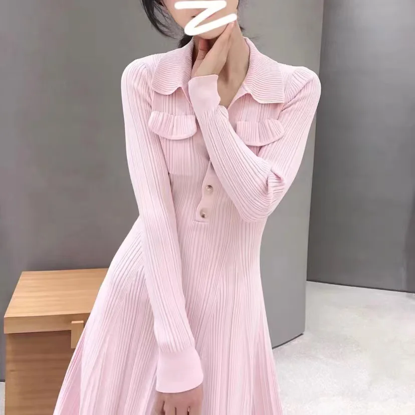 Women's Mini Dress Solid Slim Turn-down Collar Long Sleeve Knitted Robe Pockets Single Breasted Sweet