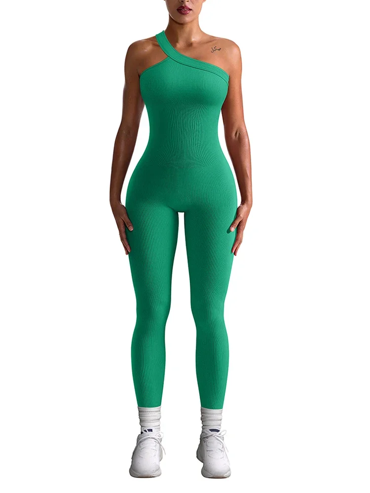 Новый осенний женский комбинезон в рубчик на одно плечо цельный бесшовный