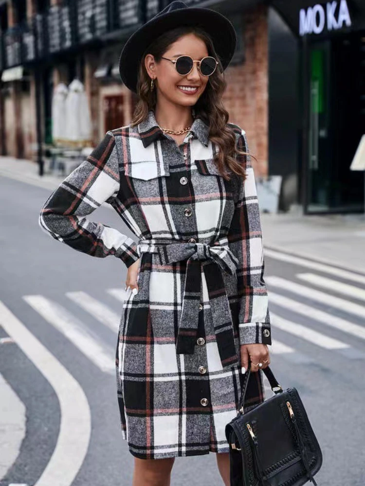 

Женское длинное платье в клетку, элегантное платье во французском стиле с длинным рукавом и круглым вырезом, весна-лето 2023