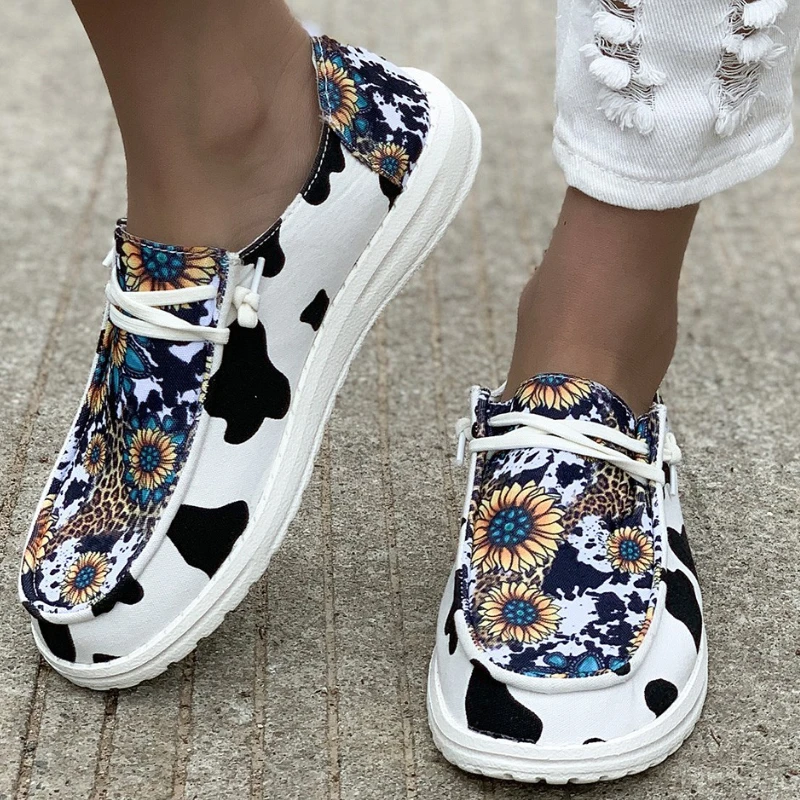 

Large Size Print Loafers Female Summer Round Head Lace-up Sneakers Comfort Walking Vulcanized Shoes Zapatilla Deportiva Mujer