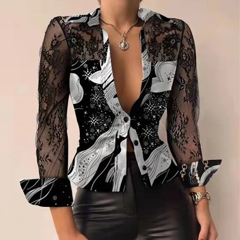 

Women Tops Long Sleeve Colorblock Perspective Contrast Lace Button Down Tight Sexy Chain Baroque Print Shirt Tops