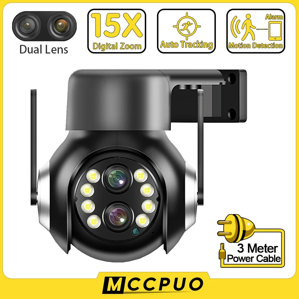 

Mccpuo 4K 8MP 15x Zoom 2.8+12mm Dual Lens PTZ IP Camera WiFi Automatic Tracking Color Night Vision Surveillance Camera 390eyeS