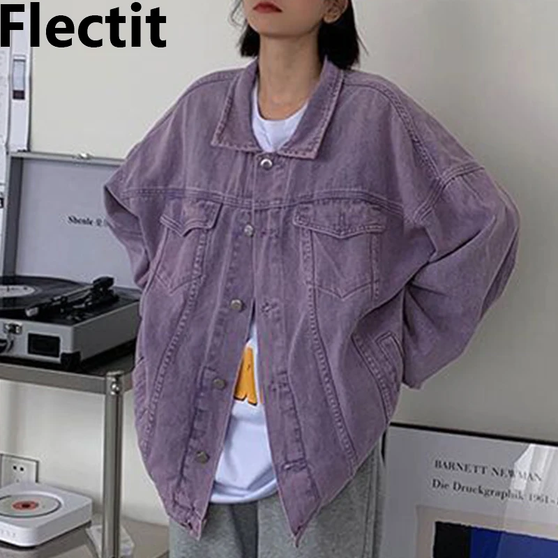 Flectit Street Style Women Denim Jacket Ultra Violet Oversize Topstitched Jeans Jacket Purple Chic Outerwear & Coats