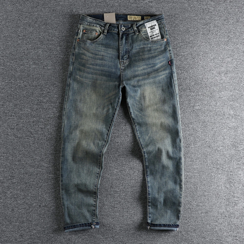 

Pocket patch American retro old washed blue jeans men's fit small straight joker four seasons green trousers