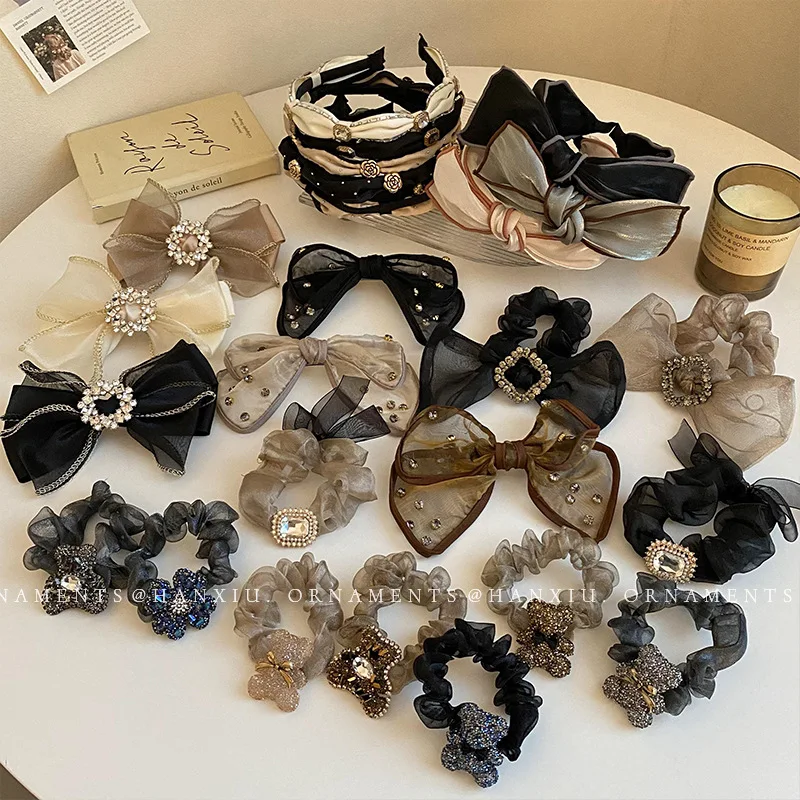 

Diamond-studded pearl bow headband headdress Dongdamen retro flower large intestine hair ring new mesh hair accessories