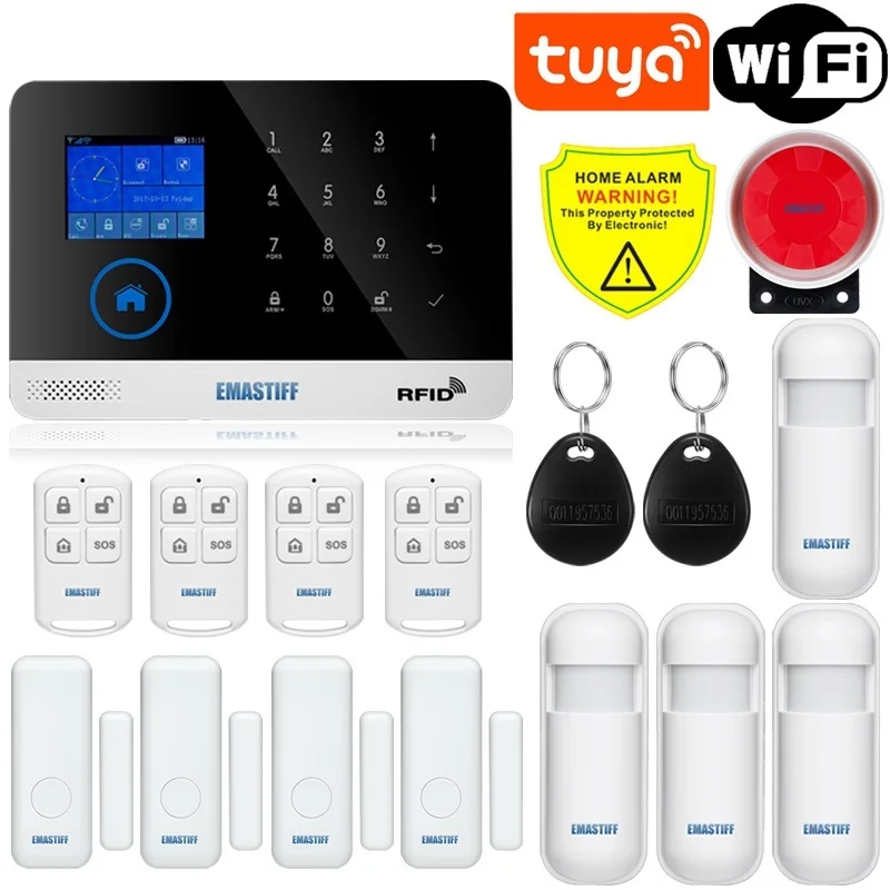 

Новейшая беспроводная домашняя безопасность Tuya WIFI GSM SIM-карта EN RU ES PL DE переключаемая умная система сигнализации Tuya APP RFID пульт дистанционног...
