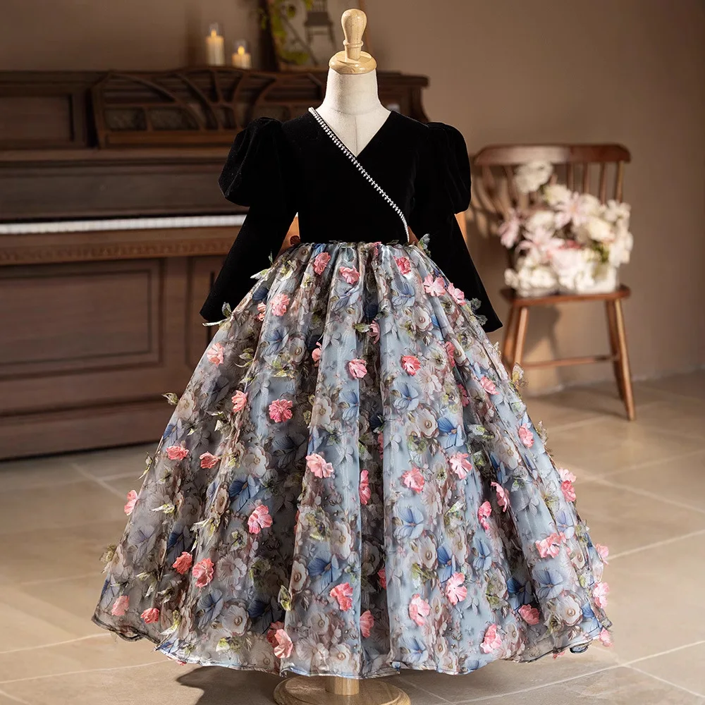 Новинка 2025 детское вечернее платье принцессы модный цветочный дизайн платья для