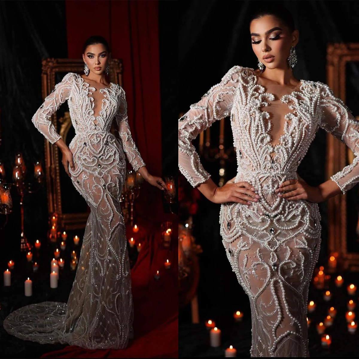 Купи Gorgeous Mermaid Wedding Dresses Crystal Beading Appliqued Lace Bridal Gowns Custom Made Sexy Designed Sweep Train Vestidos за 26,347 рублей в магазине AliExpress