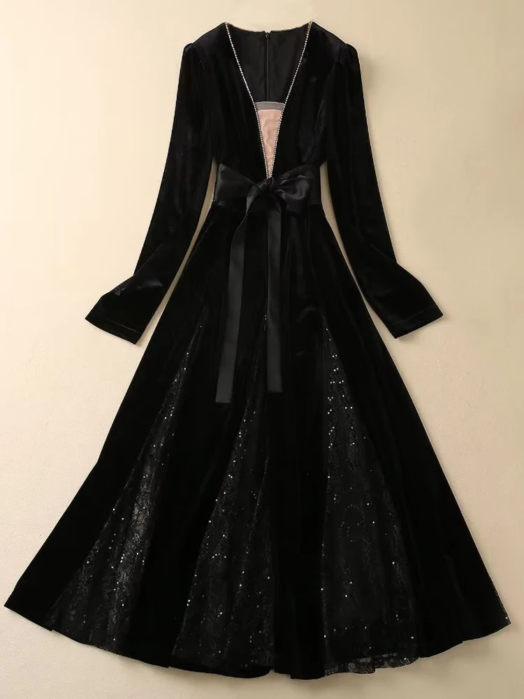 

Designer Fashion Spring Autumn New Women's Gorgeous Elegant Diamond V-neck Velvet Midi Dress Party Casual Vintage High Quality