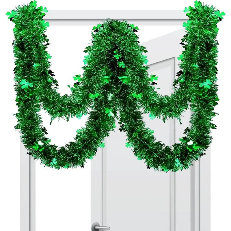 

Гирлянда из мишуры 6,56 футов, висячий декор с тремя листьями клевера, зеленая металлическая гирлянда в виде клевера, украшение на День Святого Патрика