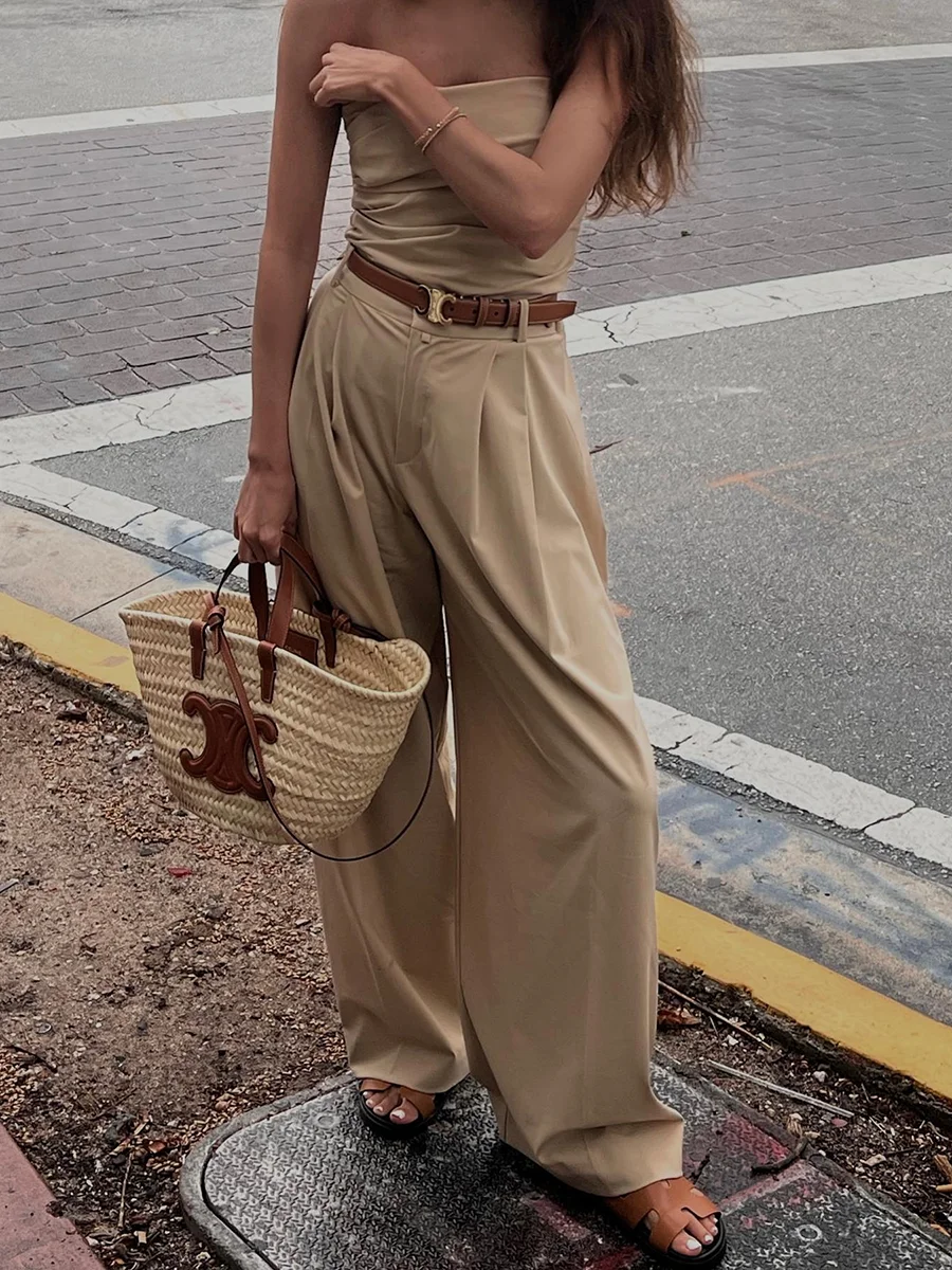 

Модные комплекты из 2 предметов, женские плиссированные топы, длинные брюки с высокой талией и широкими штанинами, наряды, Элегантный женский офисный костюм, новинка