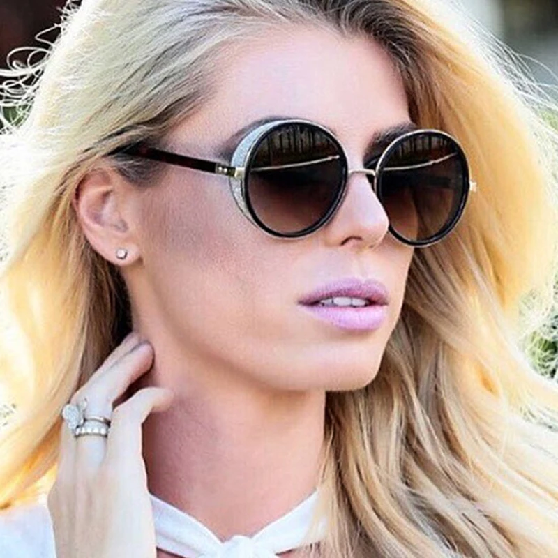 

FEISHINI Trimming Metal Round Sunglasses Women Vintage 2022 Fashion Black Trendy Ladies Glasses UV Protector Gradient Grey