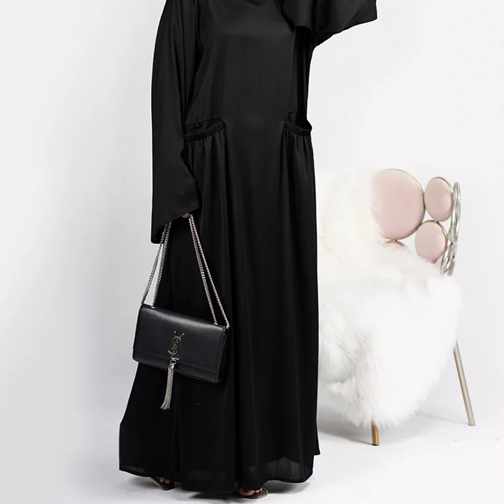 Muslim Woman Abaya Hijabs Dresses Turkey Dubai Islamic Clothing Moroccan Caftan Solid Color Loose Pocket Flared Sleeve Robe