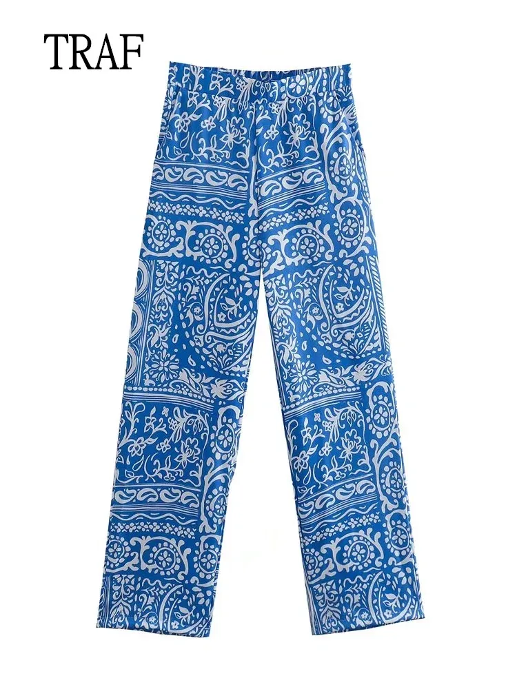 

TRAF Summer Print Pants Women 2022 High-Waisted Straight Pant Woman Vintage Casual Leggings Trouser Chic Pocket Female Pant