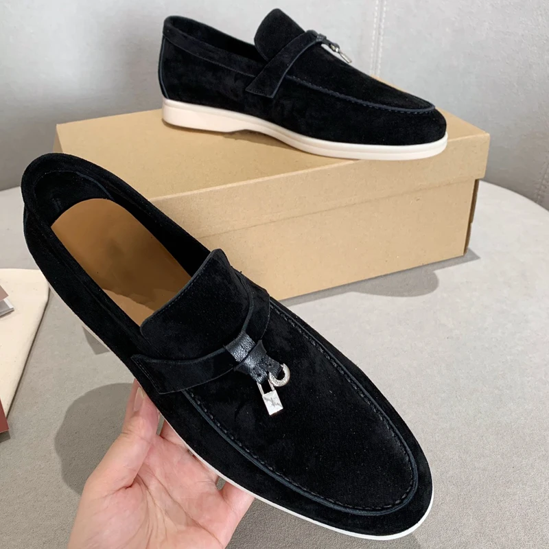 

Black Men's Loafers Cow Suede Leather Flat Walk New Designer Luxury Shoes for Women With Lock Tassels Lovers Casual LORO Shoes