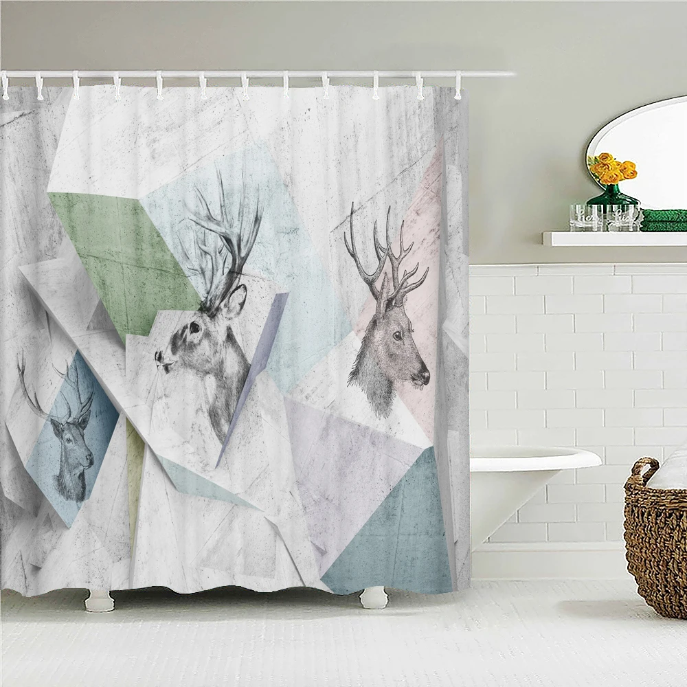 

240x180cm Bathroom Waterproof Shower Curtain Modern Deer Geometric Pattern Printing Polyester Home Decoration Curtain With Hook