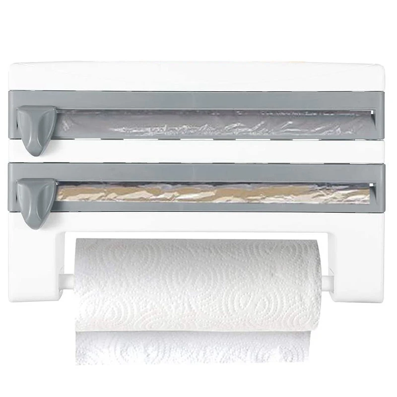 

Promotion! Wall-Mount Paper Towel Holder, Multifunctional Kitchen Plastic Wrap Cling Film Foil Dispenser, Cutter Shelf